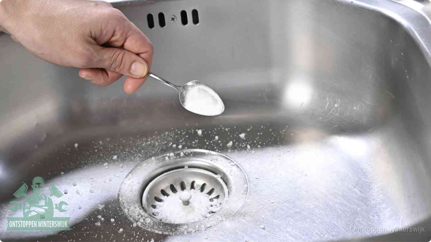 Hand strooit soda in de afvoer, riool ontstoppen met soda en azijn in Winterswijk