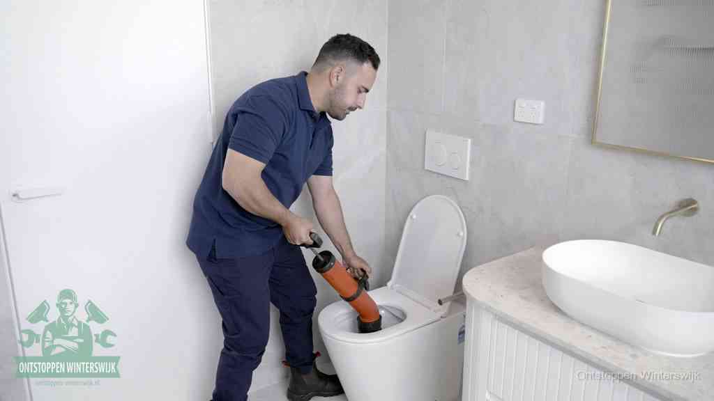 Een monteur gebruikt een handmatige perspomp (toiletontstopper) op een wandcloset tijdens het professioneel wc ontstoppen in Winterswijk